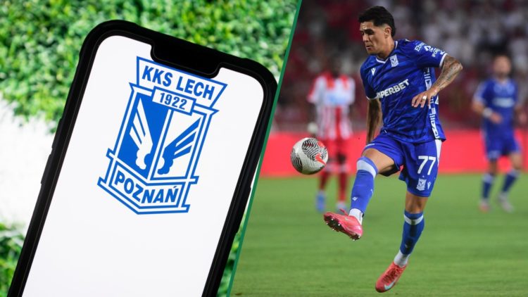 A detailed view of the Lech Poznan badge on a mobile phone, Luis Palma controls the ball while playing for Lech Poznan
