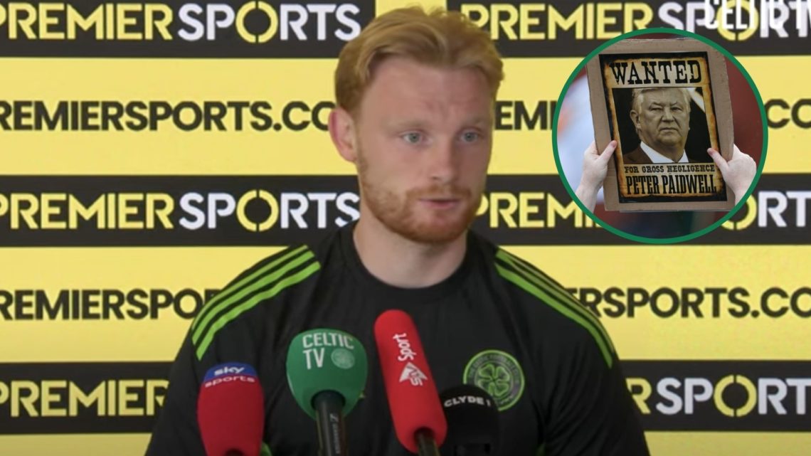 Liam Scales answers questions during a Celtic press conference, an inset of a banner in protest against Celtic chairman Peter Lawwell