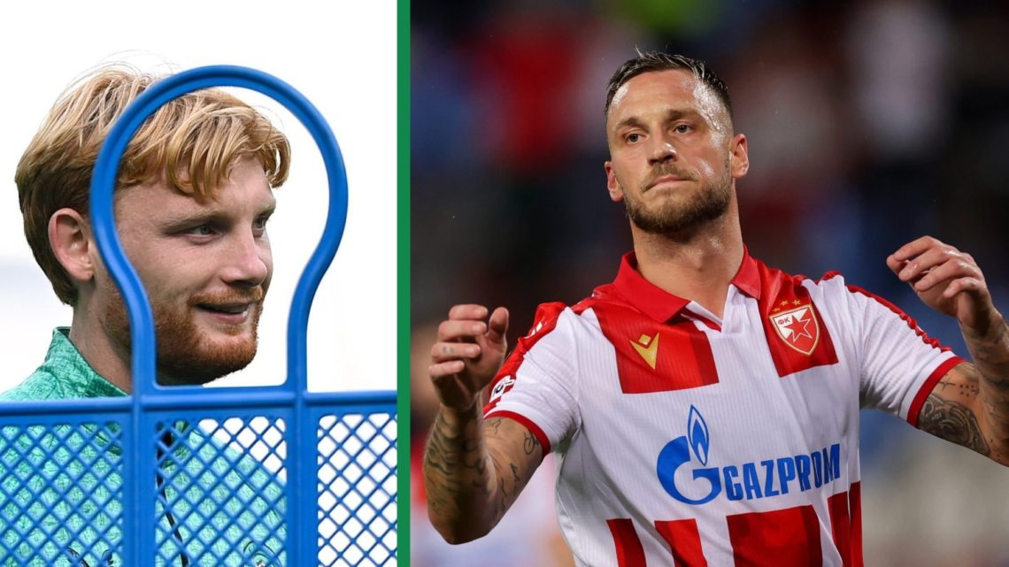 A split image of Liam Scales looking on during a Republic of Ireland training session and Marko Arnautovic in action for Red Star Belgrade against ...