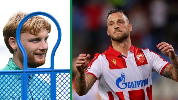 A split image of Liam Scales looking on during a Republic of Ireland training session and Marko Arnautovic in action for Red Star Belgrade against ...