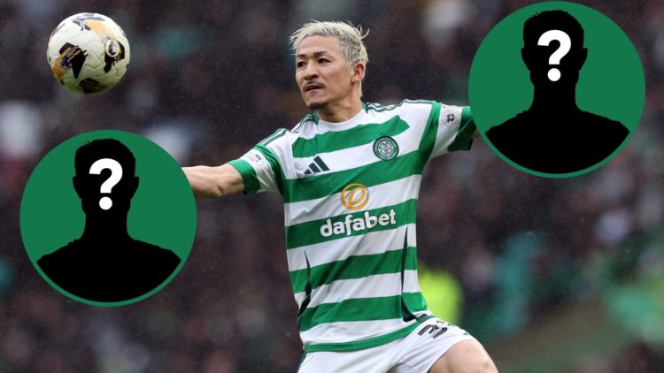 Daizen Maeda challenges for the ball during Celtic vs Hearts, two insets of mystery men