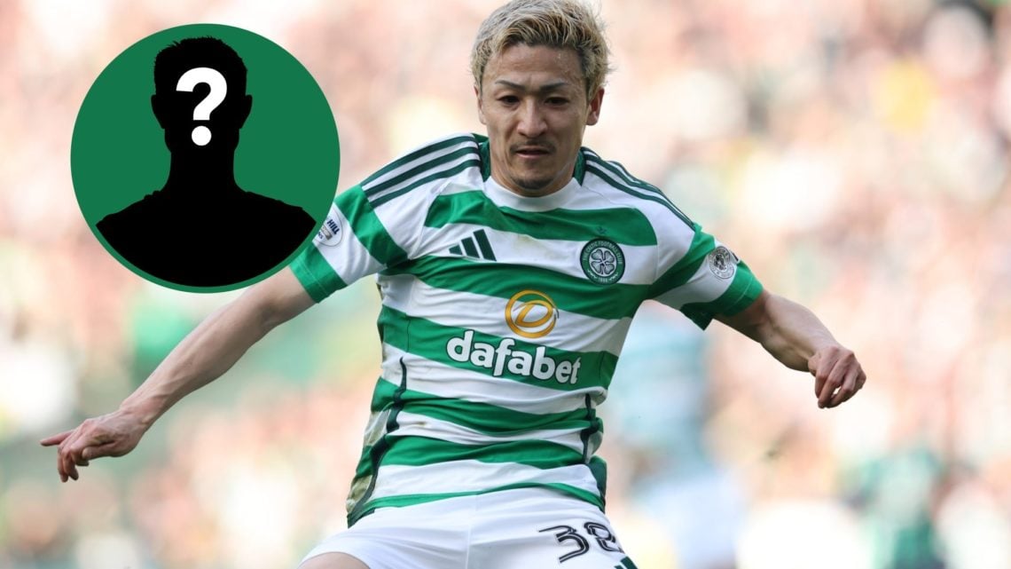 Daizen Maeda is seen on the ball during Celtic vs Hibernian, an inset of a mystery man