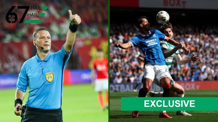 Split image of Mark Clattenburg is action for FIFA with Rangers striker Bojan Miovski being shackled by Celtic defender Anthony Ralston.