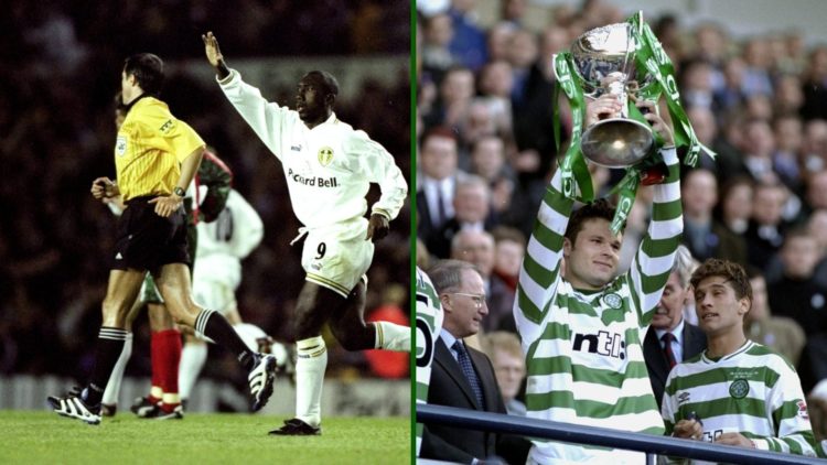 Split image of Celtic striker Mark Viduka lifting the Scottish League Cup and Jimmy Floyd Hasselbaink in action for Leeds United.