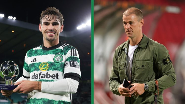A split image Matt O'Riley holds the Man of the Match trophy after Celtic's Champions League clash against Atletico Madrid and Joe Hart working as ...