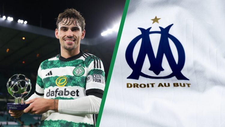 A split image of Matt O'Riley with his Man of the Match award after Celtic's Champions League match against Atletico Madrid and a close-up of the O...