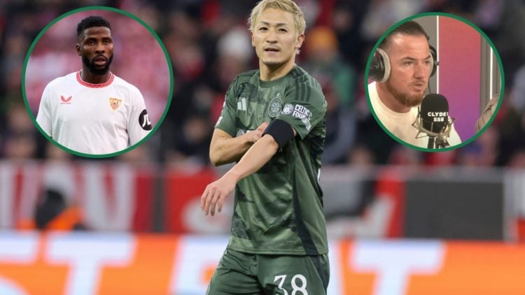 Daizen Maeda during Bayern Munich vs Celtic, an inset of Kelechi Iheanacho playing for Sevilla, an inset of Ross McCormack speaking live on Clyde 1...