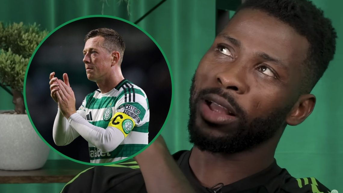 Celtic captain Callum McGregor claps fans left and Kelechi Iheanacho points upwards during Celtic TV interview right