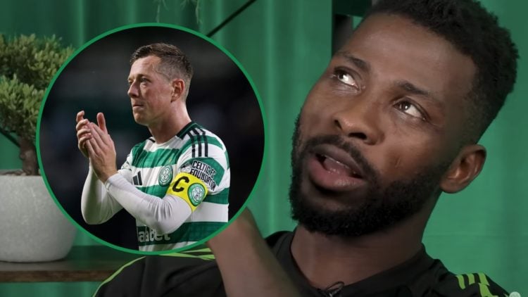 Celtic captain Callum McGregor claps fans left and Kelechi Iheanacho points upwards during Celtic TV interview right