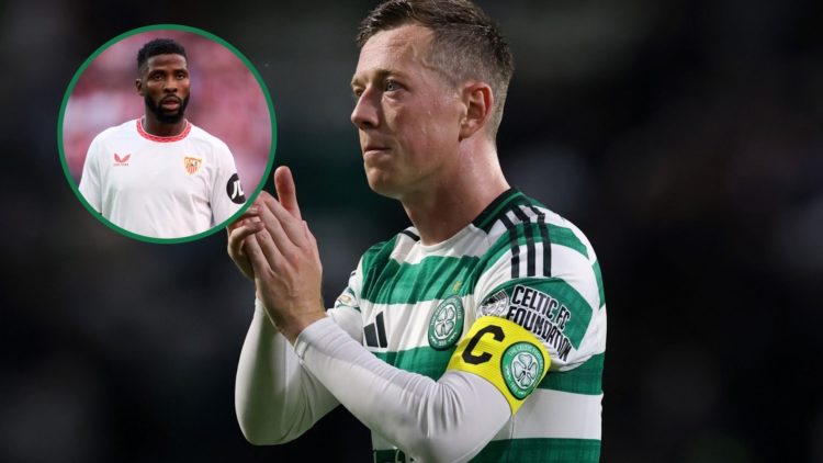 Callum McGregor applauds the Celtic fans, an inset of Kelechi Iheanacho in action for Sevilla