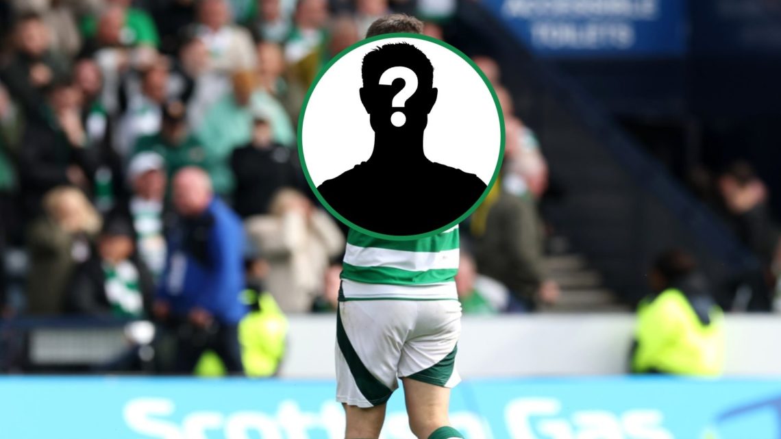 Celtic captain Callum McGregor at Hampden Park after missing a penalty with mystery overlay covering his head and back