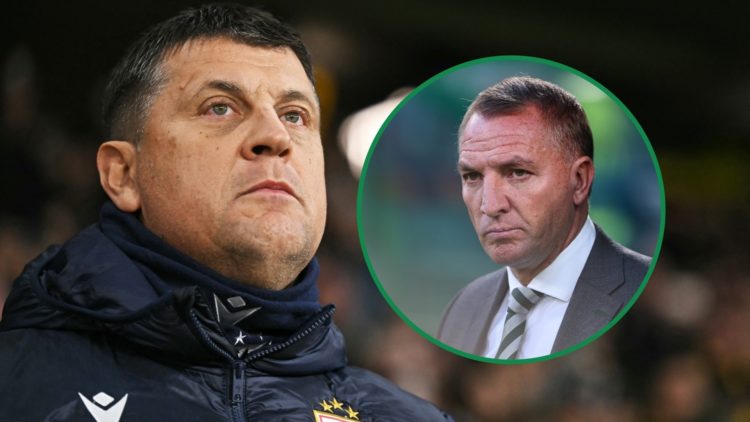 Red Star Belgrade boss Vladan Milojevic left and Celtic manager Brendan Rodgers inset right