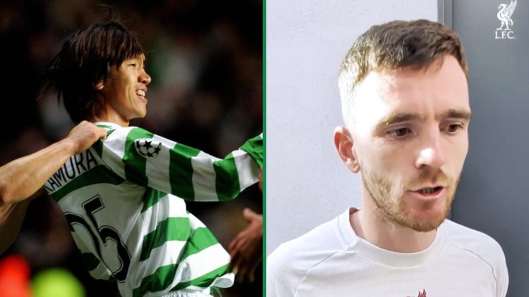 Shunsuke Nakamura celebrates his free-kick for Celtic vs Man Utd left and Liverpool's Andy Robertson right