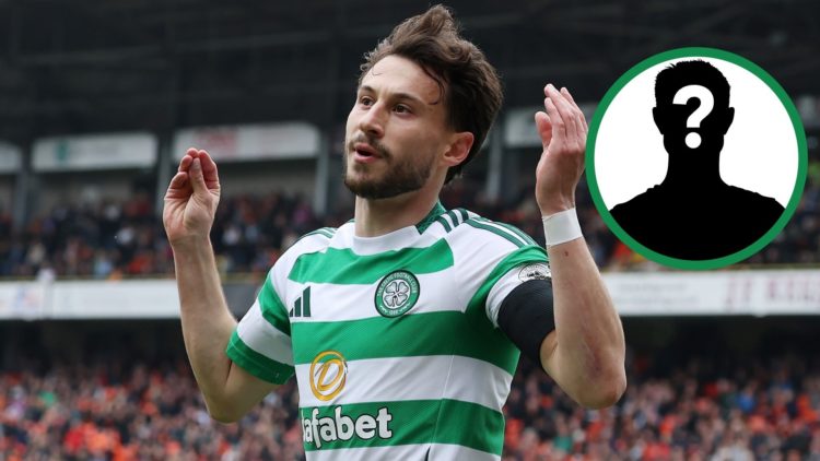 Nicolas Kuhn celebrates his goal for Celtic against Dundee United, including an inset of a mystery player.