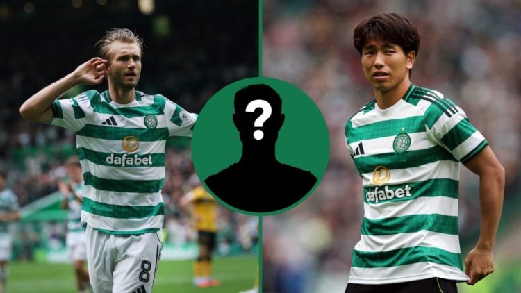 Benjamin Nygren celebrates scoring for Celtic vs Livingston, an inset of a mystery man, Shin Yamada says hello to Celtic fans after joining the Hoops