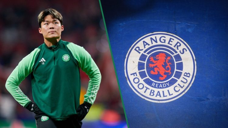 Hyeon-gyu Oh warms up for Celtic vs Atletico Madrid, an inset of the Rangers badge