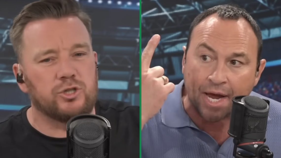 Split image of talkSPORT presenters Jamie O'Hara left and Jason Cundy right arguing over Celtic and Rangers
