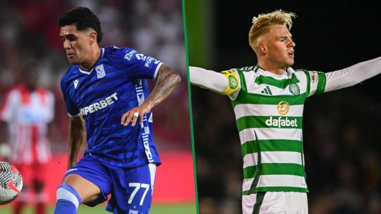 Luis Palma controls the ball in a game for Lech Poznan left and Stephen Welsh raises his arms during Celtic vs Sligo Rovers right
