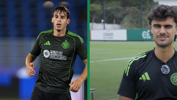 A split image of Paulo Bernardo of Celtic looks on during the Como Cup 2025 3rd/4th place match at Giuseppe Sinigaglia Stadium and Jota speaking to...