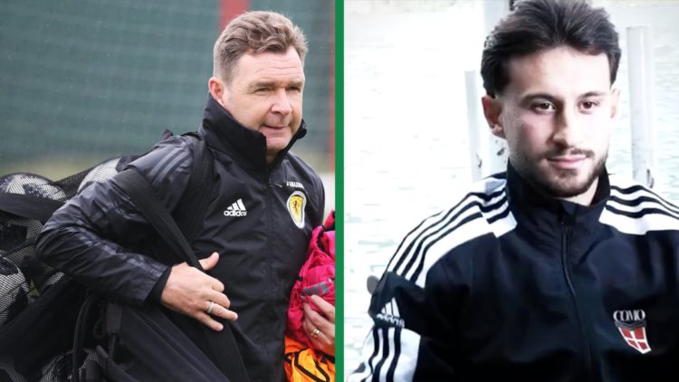 A split image of Ex-Celtic player Peter Grant as a coach for Scotland and Nicolas Kuhn gets his picture taken in a Como tracksuit after signing for...