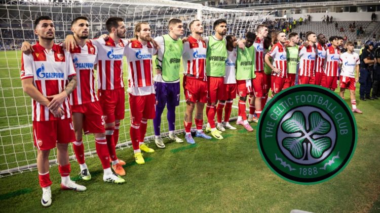 The Red Star Belgrade players look dejected after losing to Pafos in the Champions League, an inset of the Celtic badge