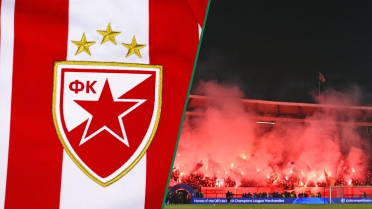 A detailed view of the Red Star Belgrade badge, Red Star Belgrade fans set off pyro during a Champions League match