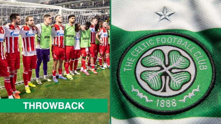 Red Star Belgrade's players gather together after their loss against Pafos, an inset of the Celtic badge
