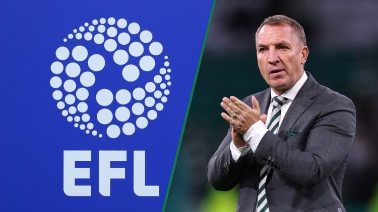 Brendan Rodgers applauds the Celtic fans after the game against Kairat Almaty, The logo/badge of the EFL