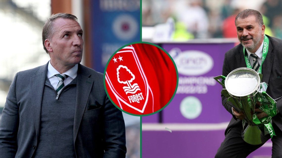 Brendan Rodgers looks on before Rangers vs Celtic, an inset of the Nottingham Forest badge, Ange Postecoglou lifts the Scottish Premiership title a...