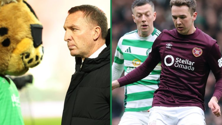 Brendan Rodgers and the Hibs mascot at Easter Road left and Callum McGregor battles Calem Nieuwenhof of Hearts for the ball right