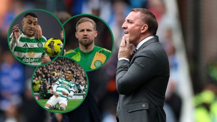 Brendan Rodgers looks stressed during Rangers vs Celtic, Luis Palma celebrates his goal vs Kilmarnock, Adam Idah challenges for the ball, Kasper Sc...