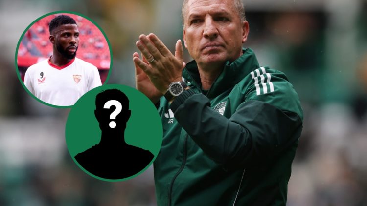 Brendan Rodgers applauds Celtic fans after the pre-season win vs Newcastle United, an inset of Kelechi Iheanacho in action for Sevilla, an inset of...