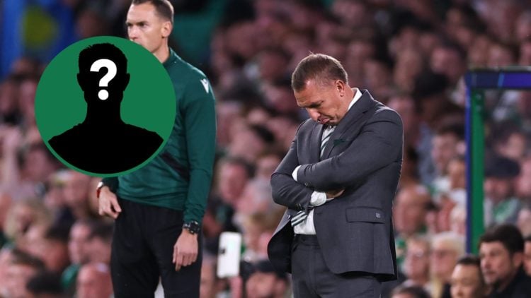 Brendan Rodgers looks dejected during Celtic vs Kairat Almaty, an inset of a mystery man
