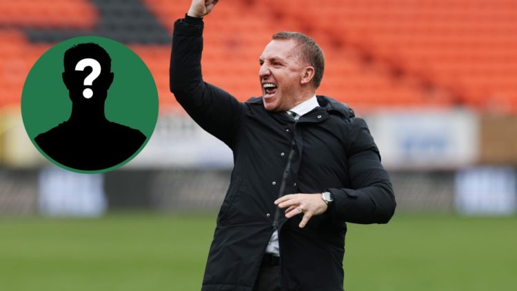 Brendan Rodgers celebrates Celtic's Scottish Premiership title win vs Dundee United, an inset of a mystery man