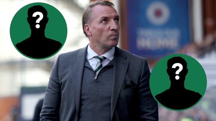 Brendan Rodgers looks on before Rangers vs Celtic, two insets of mystery figures