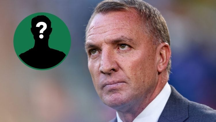 Brendan Rodgers watches on during Celtic vs Kairat Almaty, an inset of a mystery man