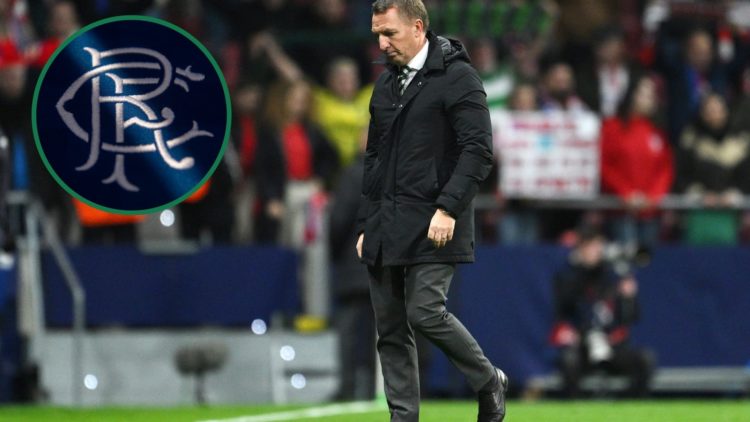 Brendan Rodgers looks dejected after Celtic's Champions League game vs Atletico Madrid, an inset of the Rangers badge