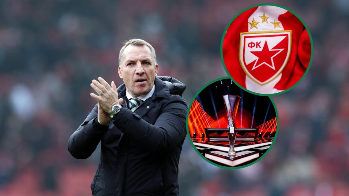 Brendan Rodgers applauds Celtic fans after the Scottish Cup semi final, an inset of a detailed view of the Red Star Belgrade badge, an inset of the...