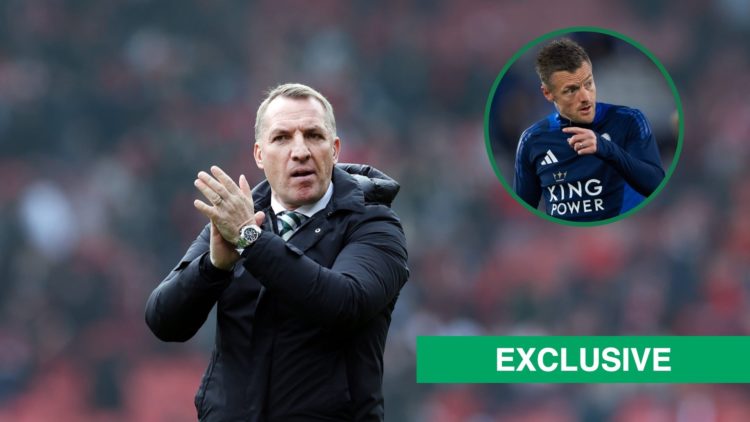Brendan Rodgers applauds Celtic fans after the Scottish Cup semi-final against Aberdeen, Jamie Vardy points to a Leicester City teammate during a t...