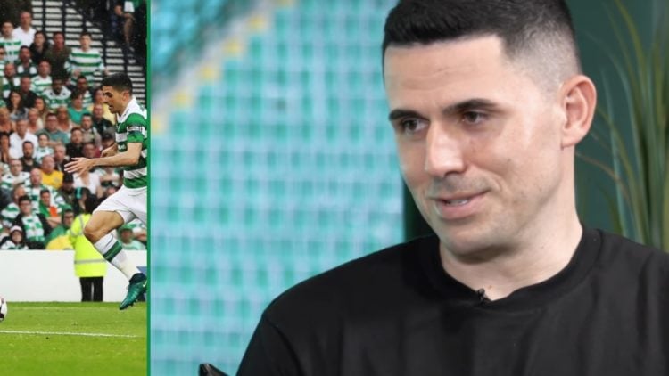 Tom Rogic scoring for Celtic against Aberdeen in the 2017 Scottish Cup final left and Rogic speaking to Celtic TV right