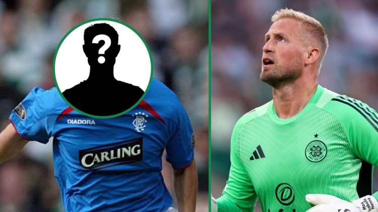 Peter Lovenkrands on the ball during Rangers vs Celtic with mystery overlay covering face left and Celtic goalkeeper Kasper Schmeichel looks up right