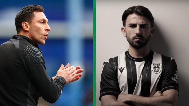 A split image of Celtic legend Scott Brown as the manager of Fleetwood Town and Greg Taylor being unveiled as PAOK's new signing after choosing to ...