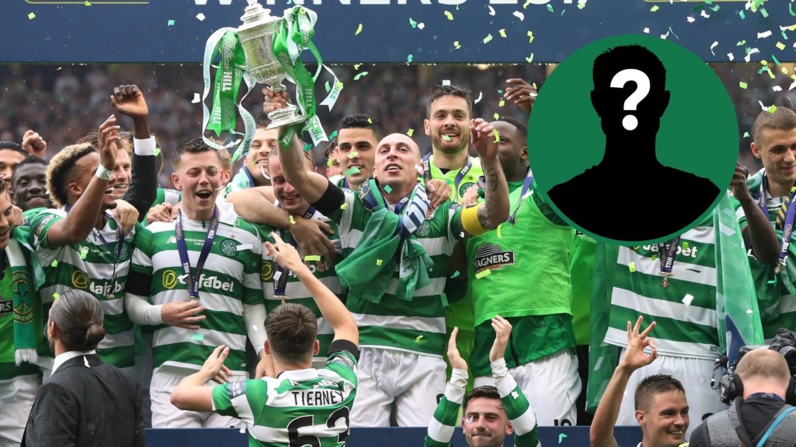 Scott Brown lifts the trophy during the William Hill Scottish Cup Final between Celtic and Aberdeen, an inset of a mystery man