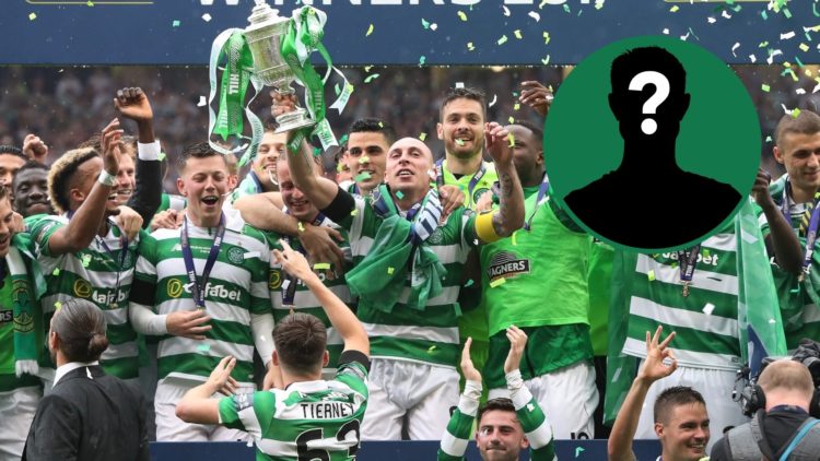 Scott Brown lifts the trophy during the William Hill Scottish Cup Final between Celtic and Aberdeen, an inset of a mystery man