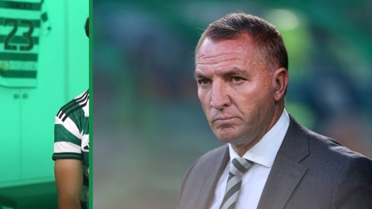 A split image of Sebastian Tounekti during his first interview as a Celtic player on the club's social media channels and Brendan Rodgers the head ...