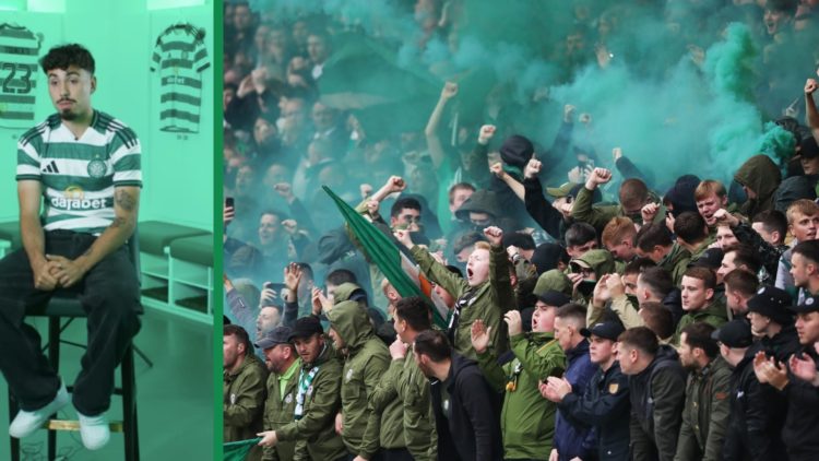 A split image of Sebastian Tounekti talking to Celtic TV and Celtic fans celebrate their first goal against Partick Thistle in the Scottish Cup.
