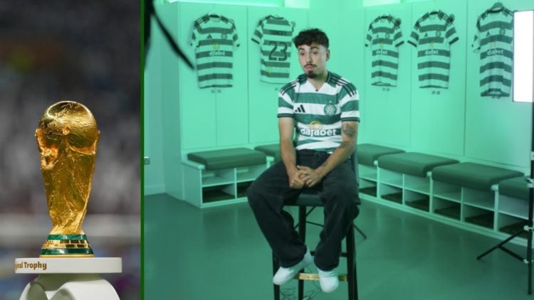 Split image of Celtic winger Sebastian Tounekti and the World Cup.