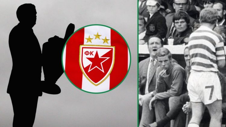 Celtic manager Jock Stein shouts from the bench towards Jimmy Johnstone left and general view of Red Star Belgrade badge right