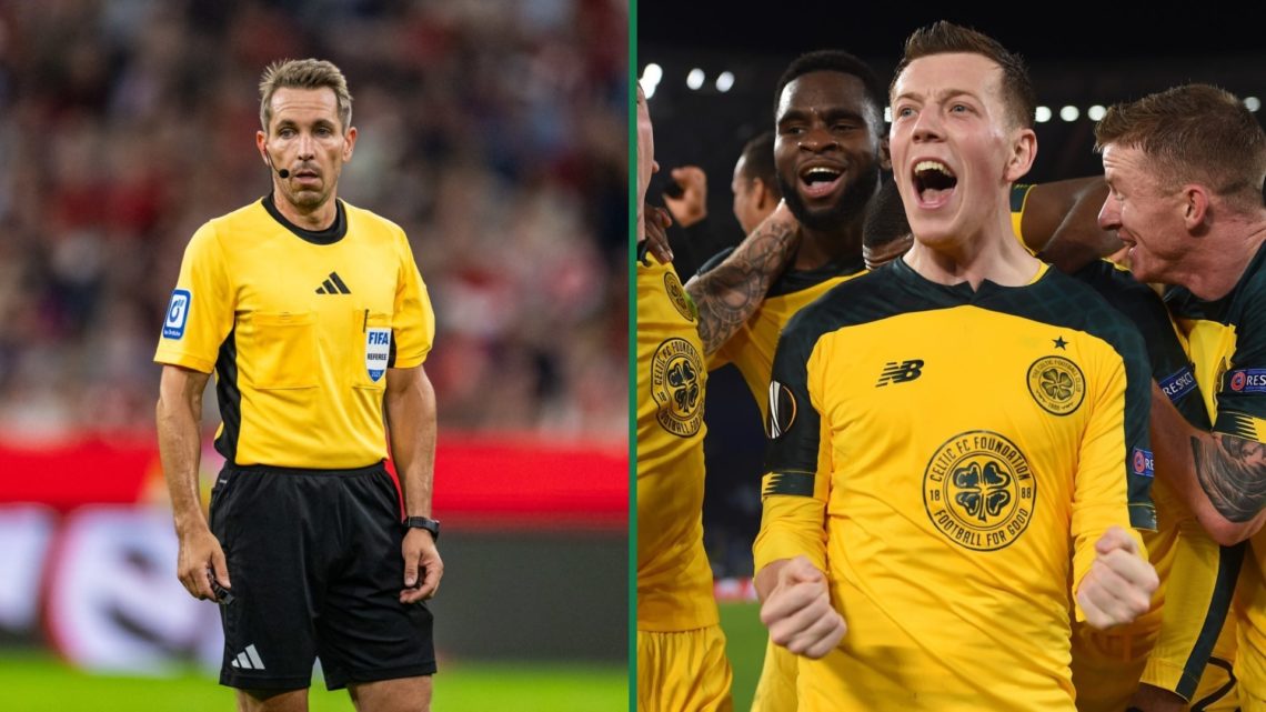 Bundesliga referee Tobias Stieler looks on during Bayern Munich vs Hamburg, Callum McGregor and the Celtic team celebrate after the win against Laz...