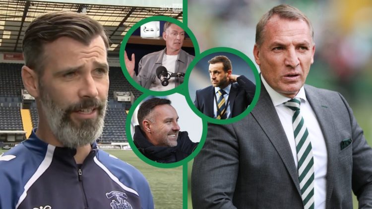 A split image of Kilmarnock manager Stuart Kettlewell speaking to Sky Sports at Rugby Park in September 2025 and Brendan Rodgers in a Premiership m...